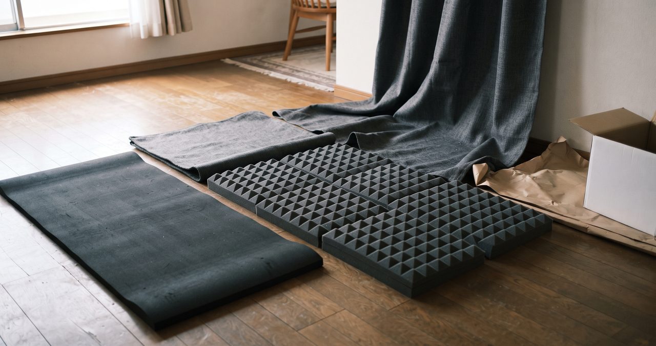 3万円分の防音グッズ(防音カーテン・吸音パネル数枚・楽器用防振マット)を部屋に広げた様子