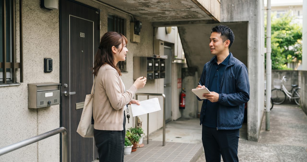 賃貸の玄関先で管理会社の担当者と入居者が落ち着いた様子で話をしている情景
