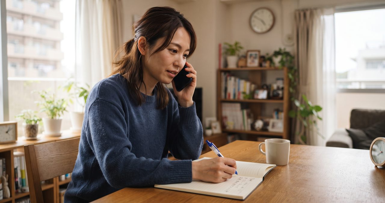スマートフォンで管理会社に電話をかけながらメモ帳に日時と音の内容を記録している様子