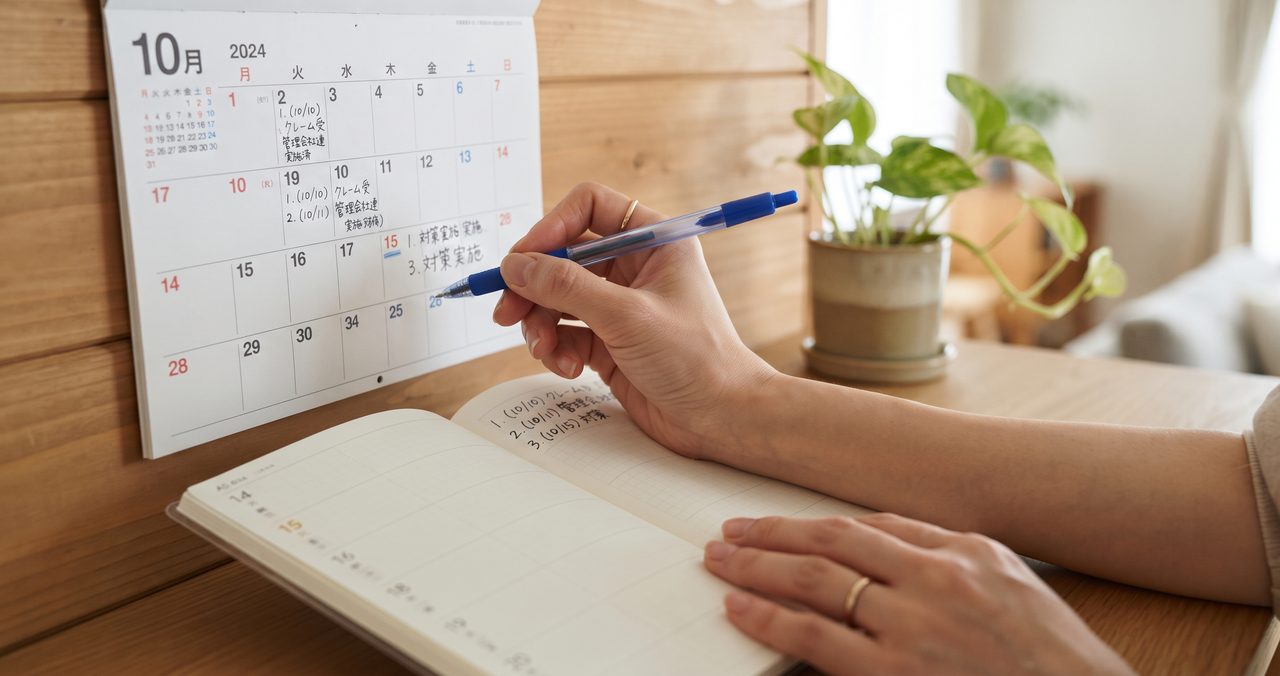 カレンダーに近隣トラブル対応の経過日時を書き込んでいる手元の様子
