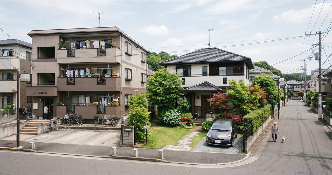 賃貸アパートと戸建て持ち家を並べて見比べるような外観の対比イメージ