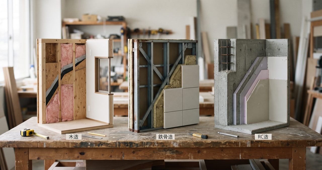 木造・鉄骨造・RC造それぞれの建物の壁の断面を並べて比較したイメージ、木材の柱、鉄骨のフレーム、鉄筋コンクリートの厚い壁が見分けられる構図