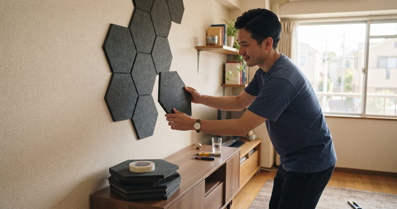 防音グッズを設置する様子