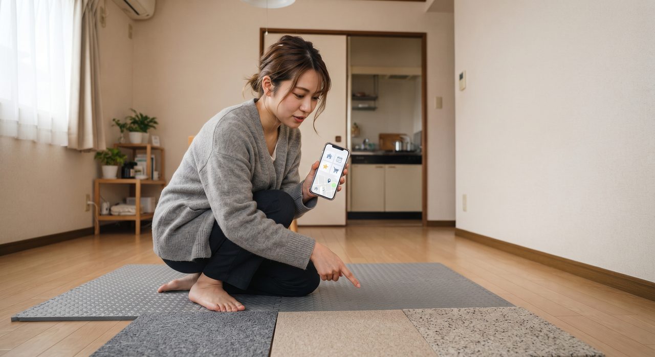 賃貸の部屋で人物がスマートフォンでレンタルサービスのアプリを見ながら防音マットを検索している様子