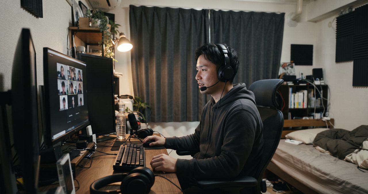 一人暮らしの部屋でヘッドセットをつけてオンライン通話をしている様子