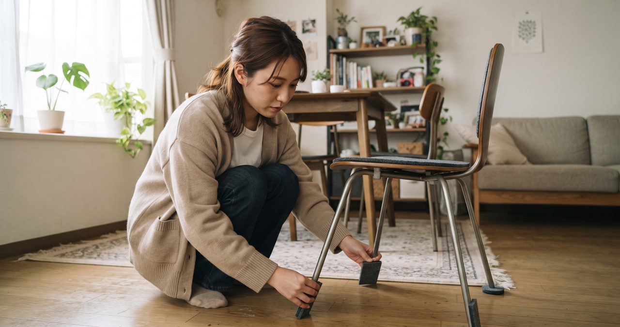 椅子の脚に防音用のゴムキャップを取り付けようとしている、床にしゃがんだ女性