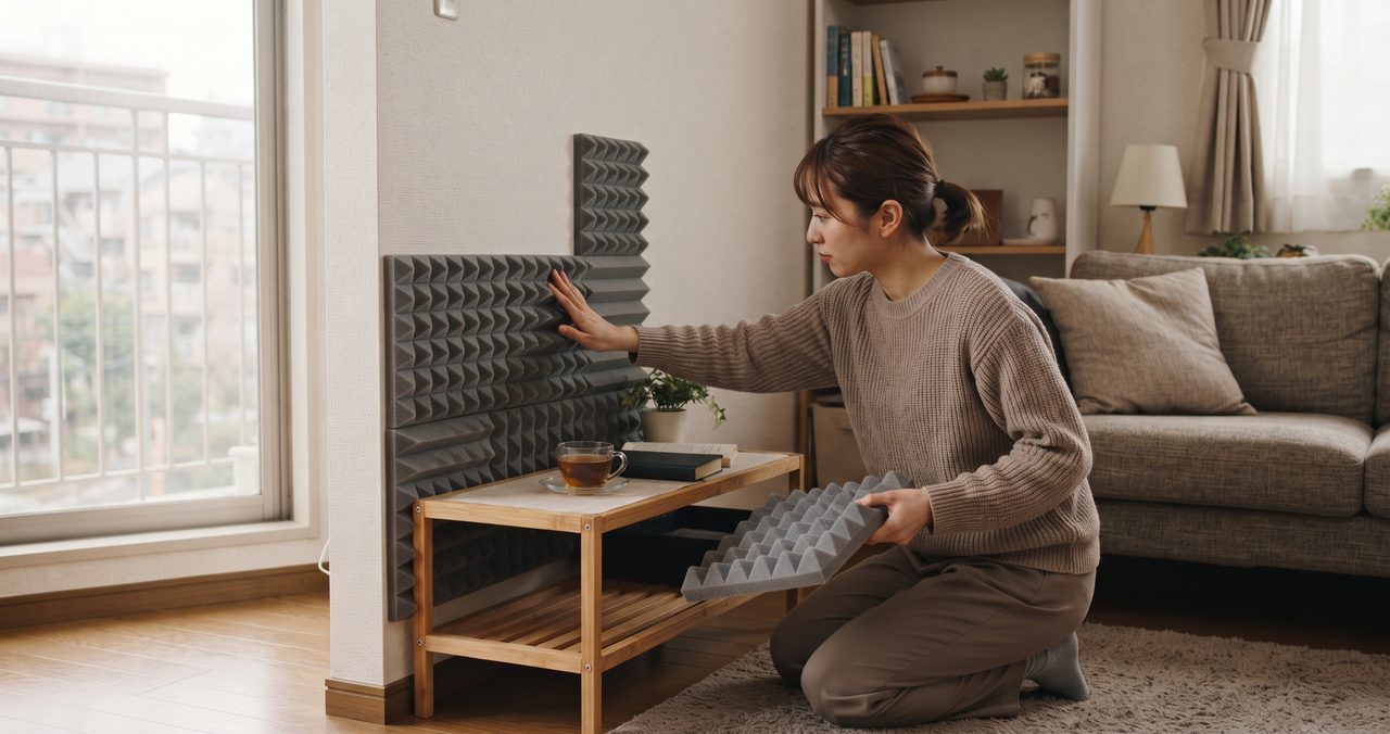 壁に凹凸のある吸音パネルを貼りつけ、手に別のパネルを持ってリビングで作業する女性