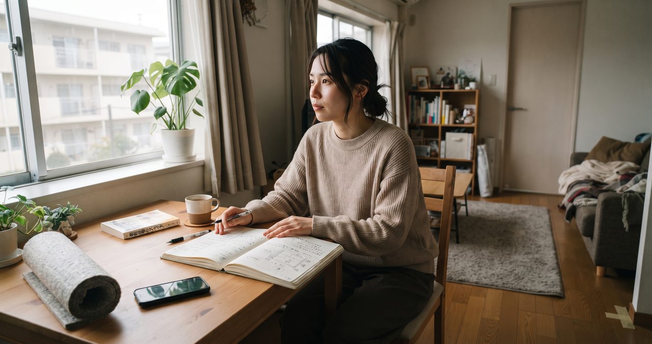 窓辺の机にノートを広げて考えごとをする女性と、手前に置かれた丸めた防音マットとスマホ