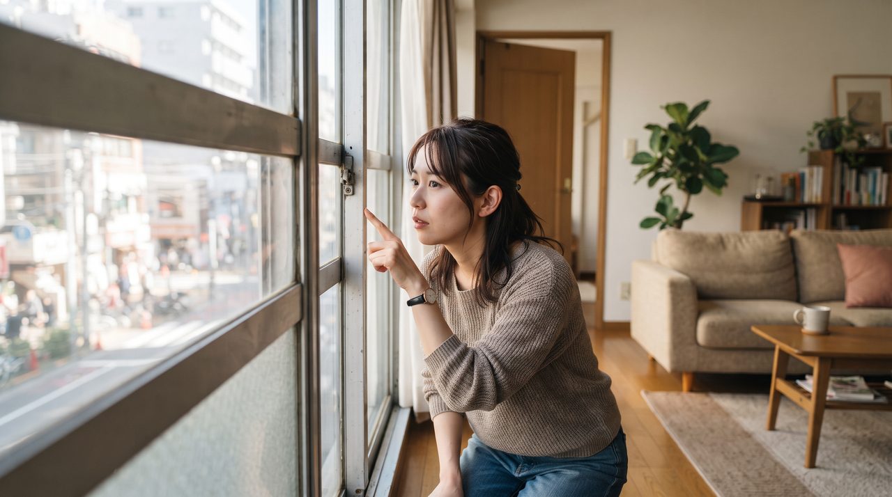 窓の隙間や外の音を確かめるように、窓枠に指を向けて外をのぞく女性