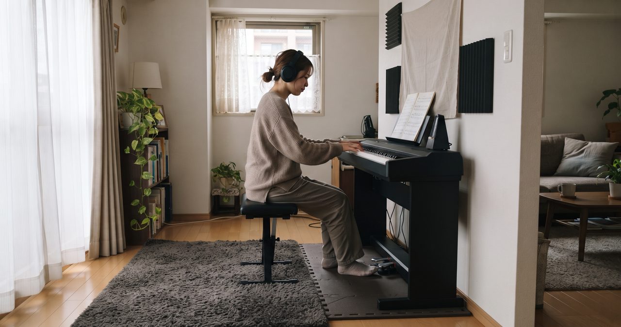防音パネルを壁に貼った部屋で、ヘッドホンをして電子ピアノを弾く人
