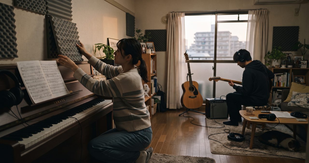 ピアノに吸音材を取り付ける女性と、奥でエレキギターを弾く男性のいる音楽室