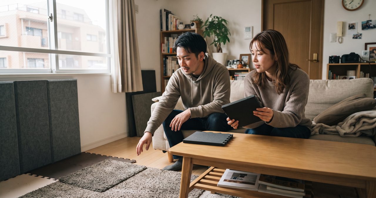 吸音パネルを立てかけた部屋で、ソファに座りタブレットを見ながら相談する男女