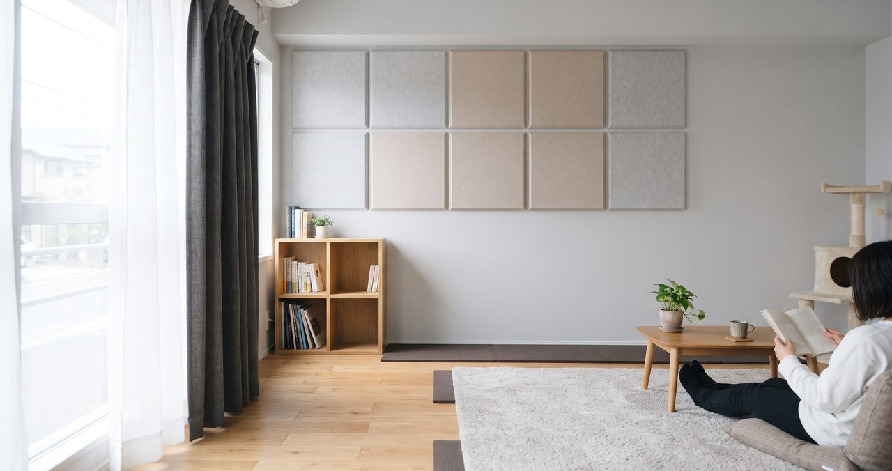 白い壁にフェルト製の吸音パネルを貼った広い部屋と、厚手のカーテン、隅で読書する人