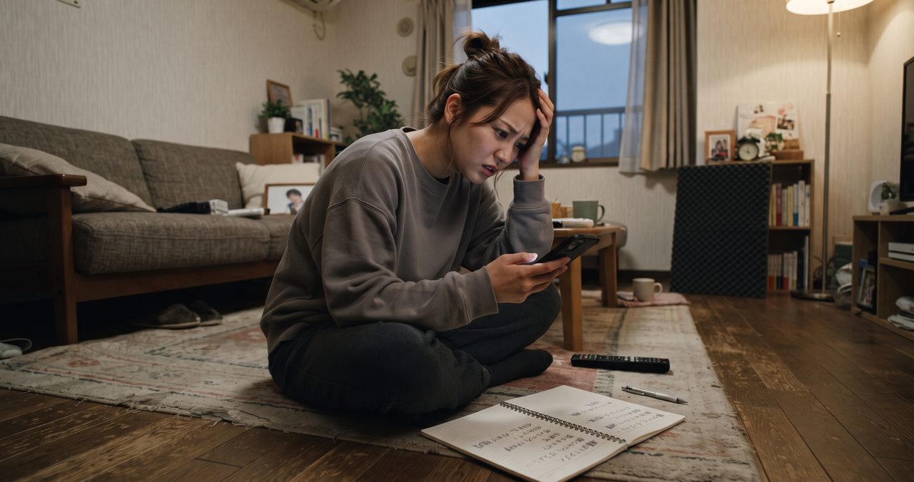 床に座ってスマホを見ながら頭を抱え、ノートを前に近隣からの苦情に困っている女性