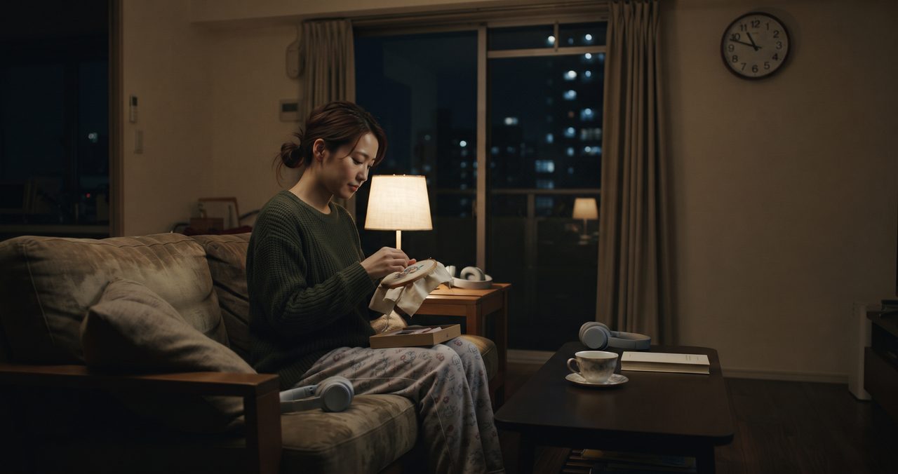 夜の暗い部屋でランプをつけ、ソファでくつろぎながら静かに過ごす女性とテーブルのカップ