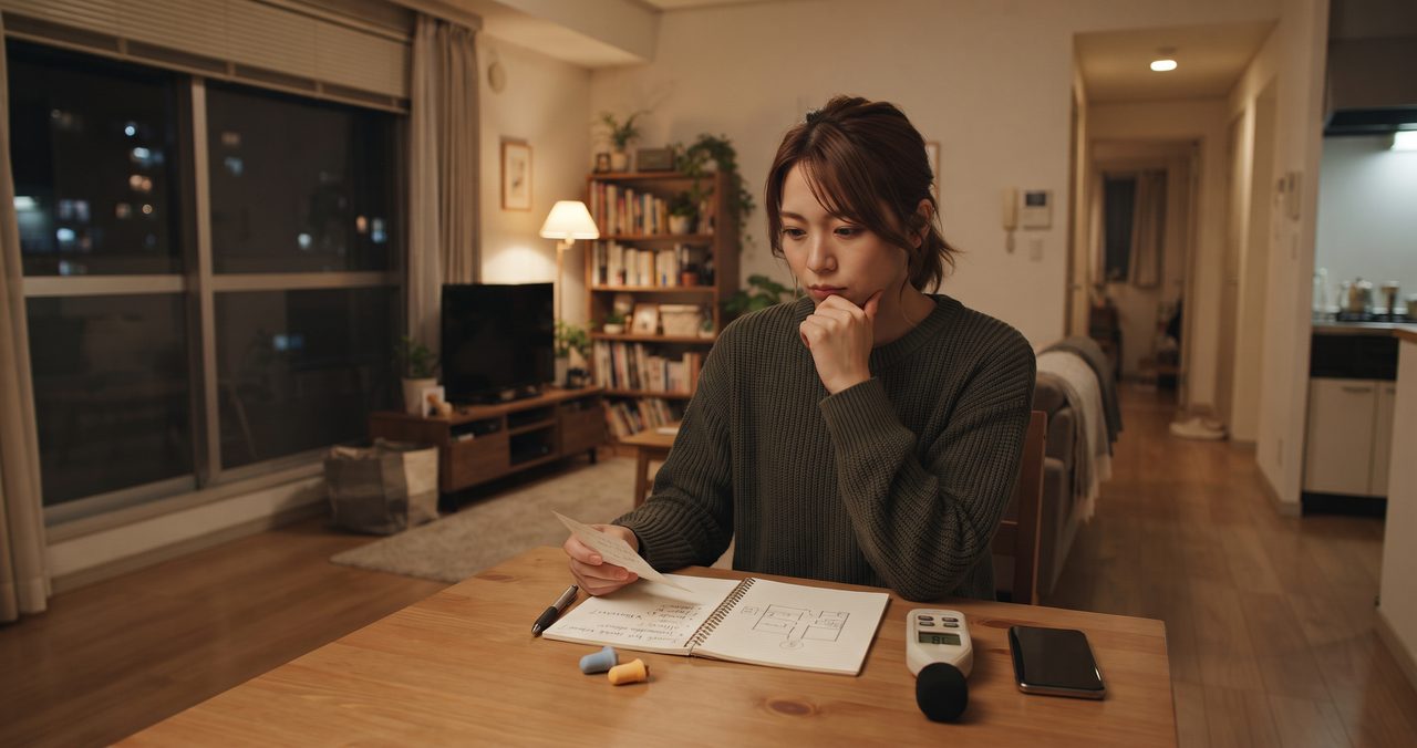 夜のリビングのテーブルでノートを前に口元に手を当て、音の問題を整理して考える女性