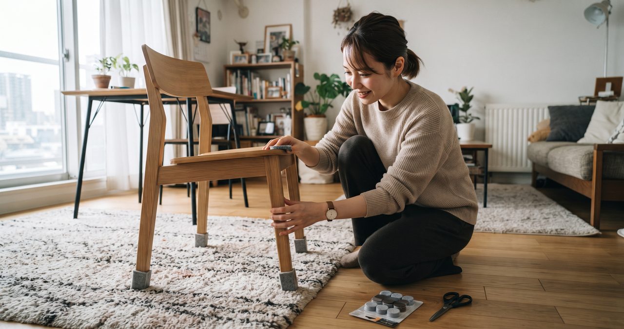 椅子の脚にフェルトの保護パッドを取り付けている、ラグの上にしゃがんだ女性