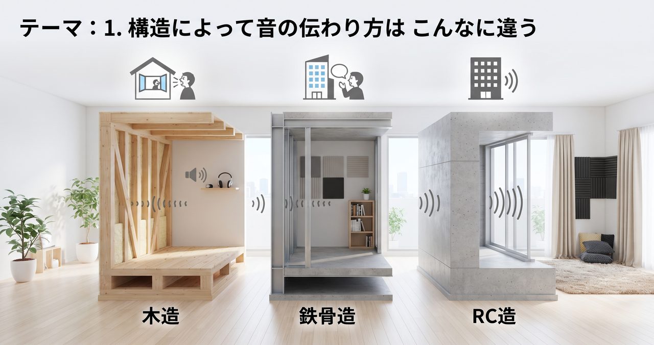 木造・鉄骨造・RC造の3種類の建物の断面を並べ、音の伝わり方の違いを示した図解