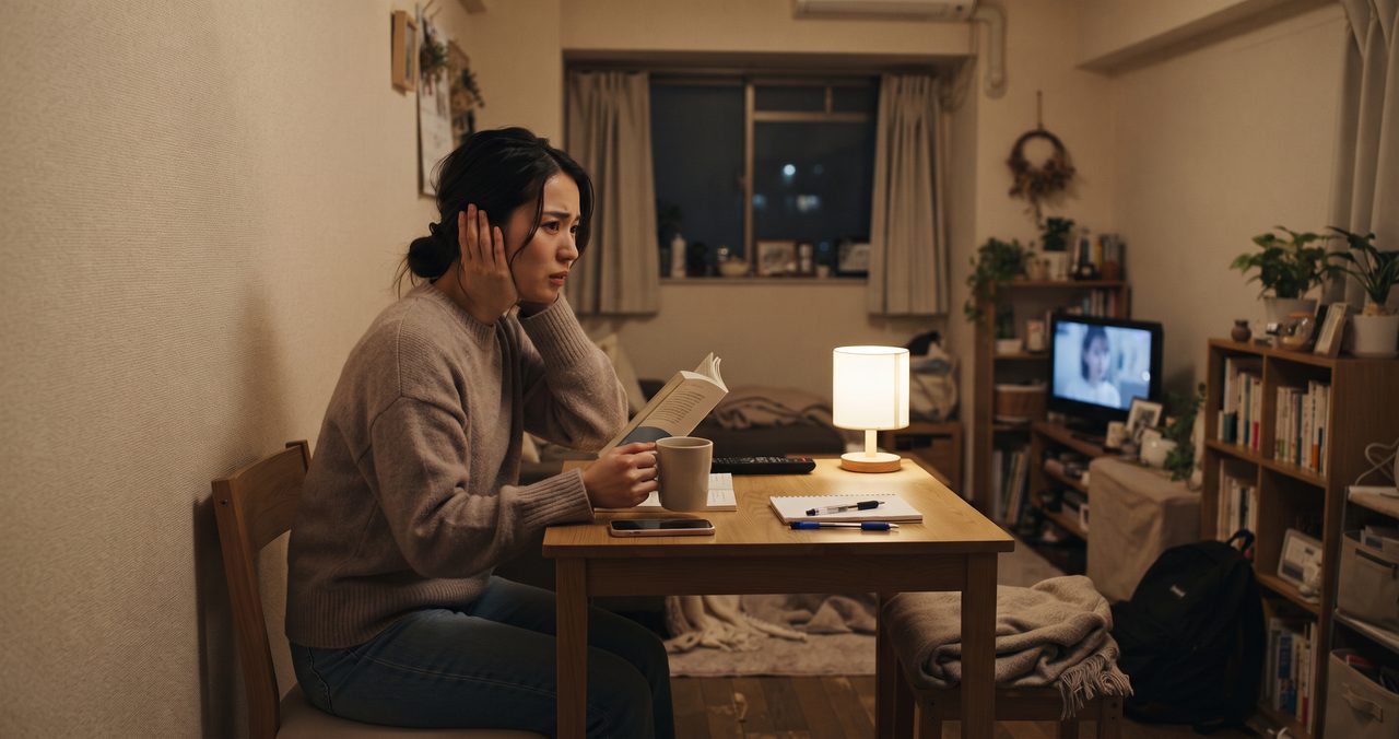 夜の部屋のテーブルで片手を耳に当て、周囲の音が気になって困っている女性