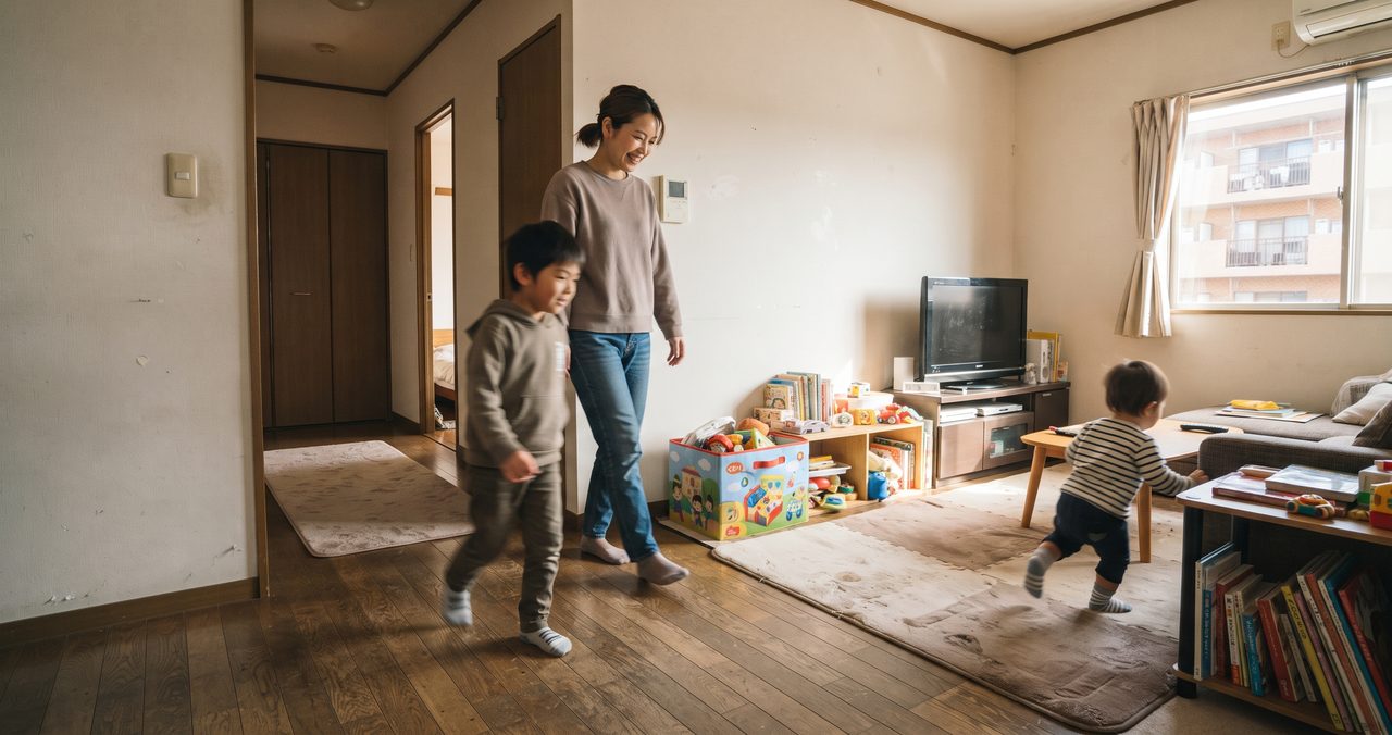 子どもが歩く部屋で、おもちゃ棚のある床を母親と一緒に見守る足音のイメージ