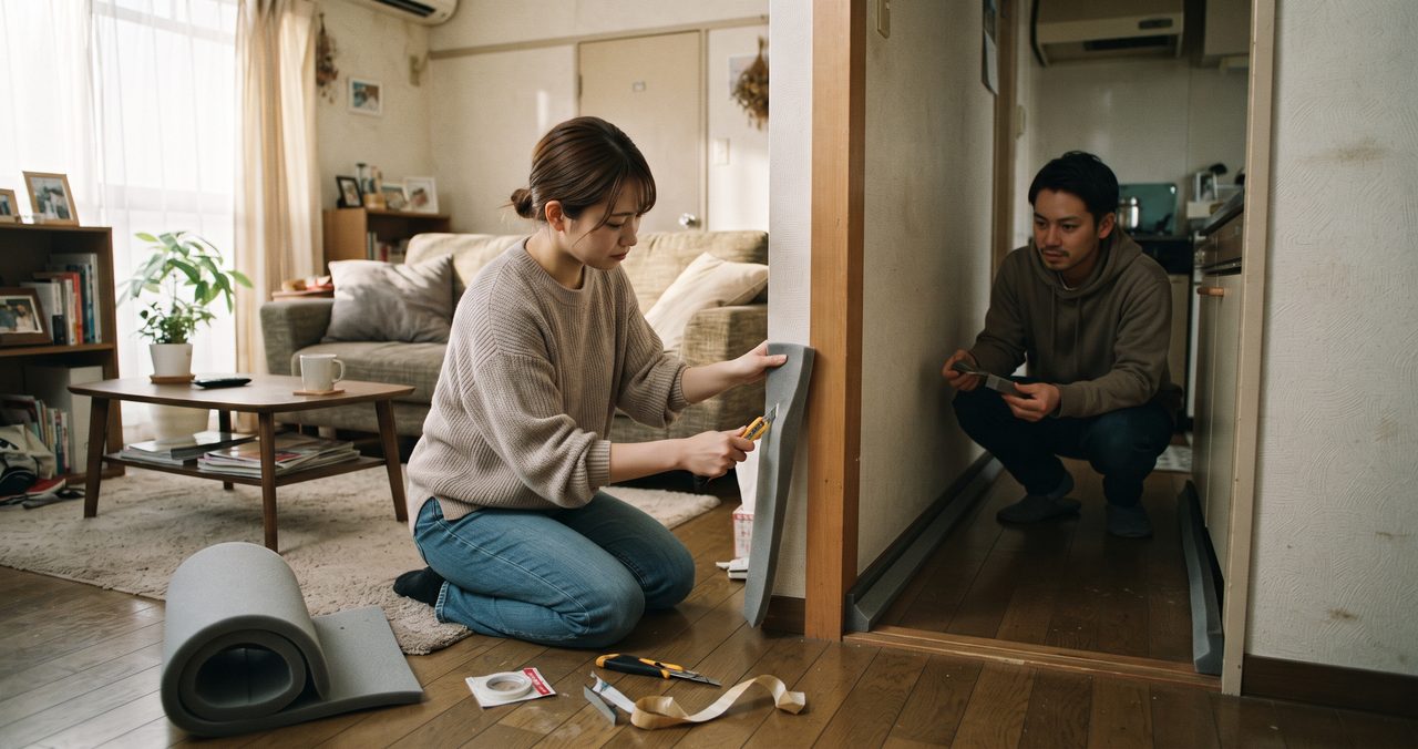 ドア付近の床にマットを広げて作業する女性と、通路で様子を見ているパートナーの男性