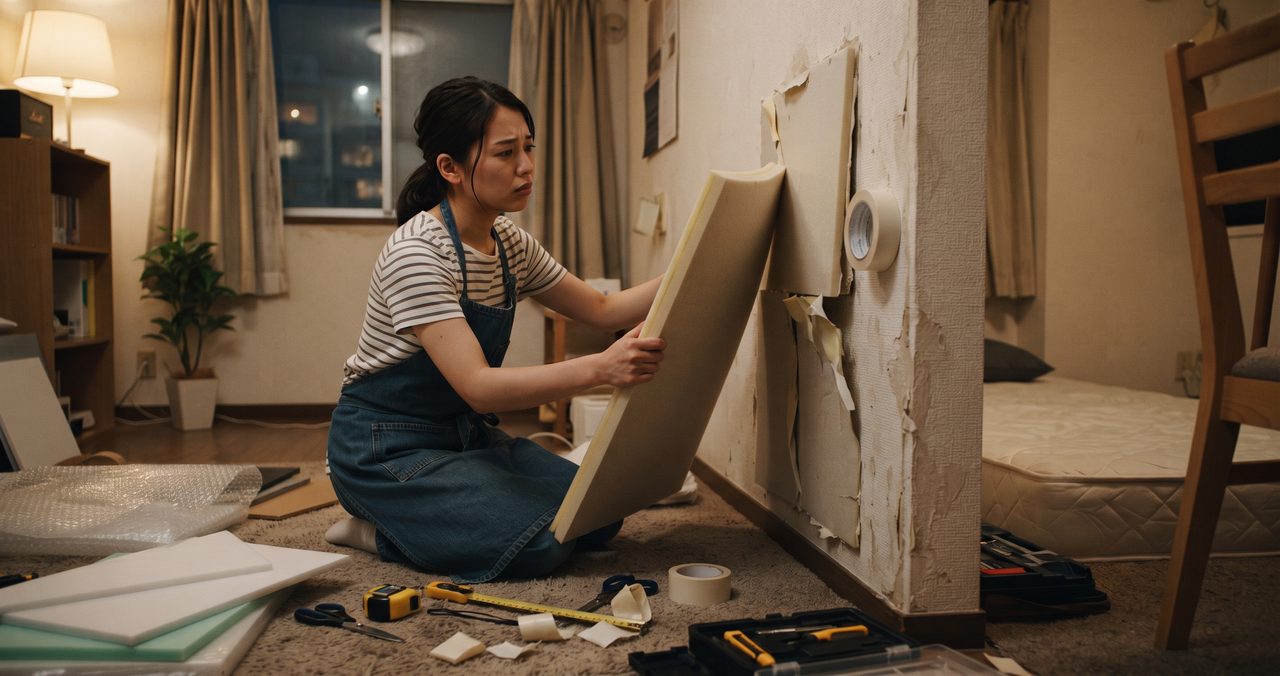 壁の傷んだ部分に板状の素材を当て、テープや工具を広げてDIYで防音施工に取り組む女性