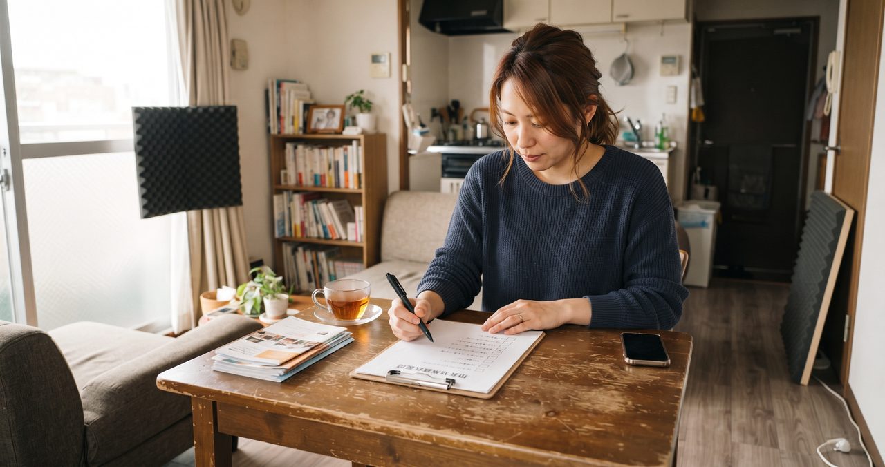ローテーブルでペンを持ち、防音と断熱の対策をノートに書き出して整理する女性