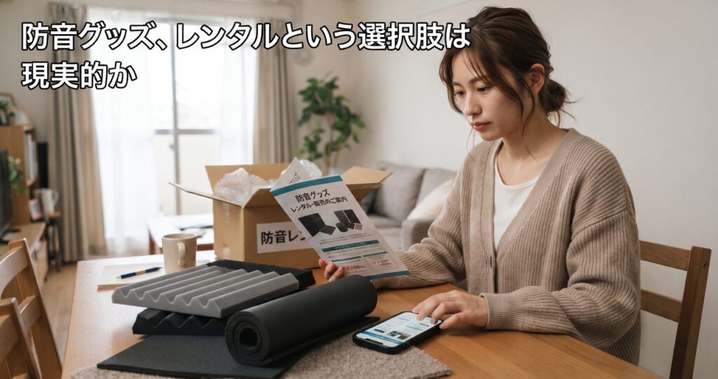 防音グッズ、レンタルという選択肢は現実的かのアイキャッチ。届いた防音グッズをレンタルカタログと見比べながら検討している女性