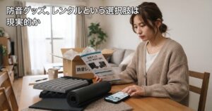 防音グッズ、レンタルという選択肢は現実的かのアイキャッチ。届いた防音グッズをレンタルカタログと見比べながら検討している女性