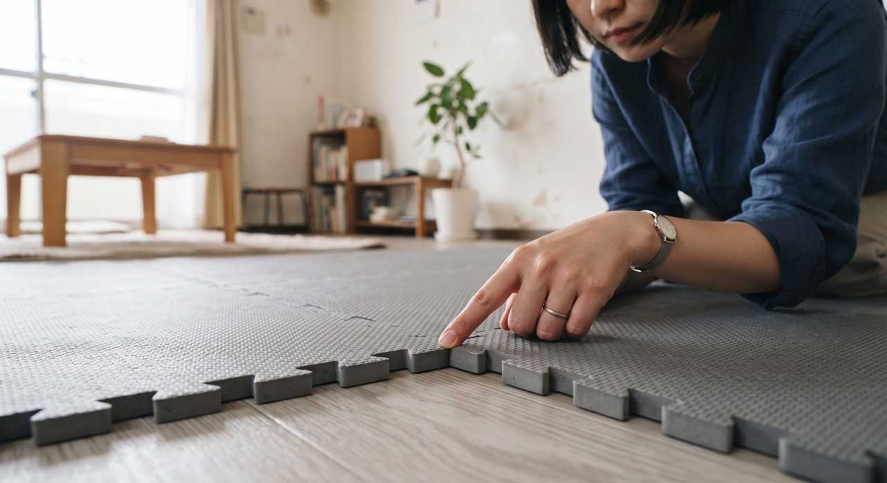 設置済みの防音マットの端を指でなぞってめくれや浮きがないか確認している様子