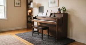 アップライトピアノと防音マットが置かれた部屋の写真