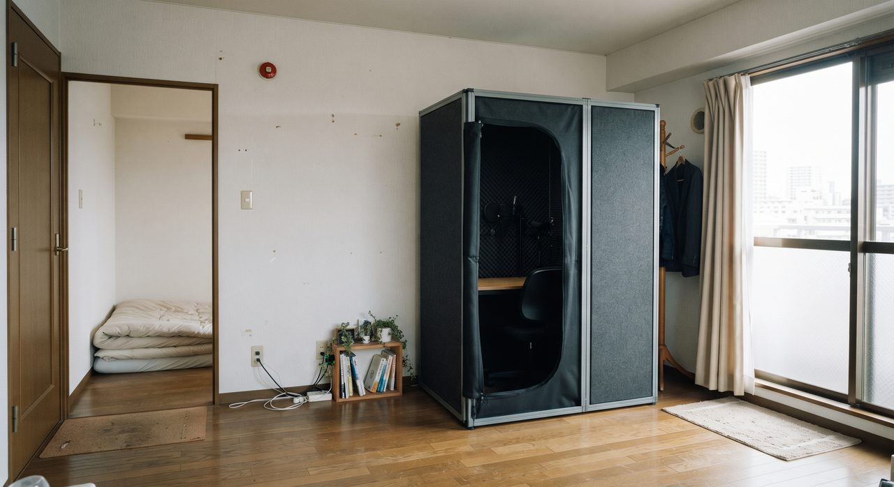 賃貸の一室に設置された、金属フレームと吸音パネルでできた組み立て式の簡易防音ブース。中にはデスクと椅子が収まっている