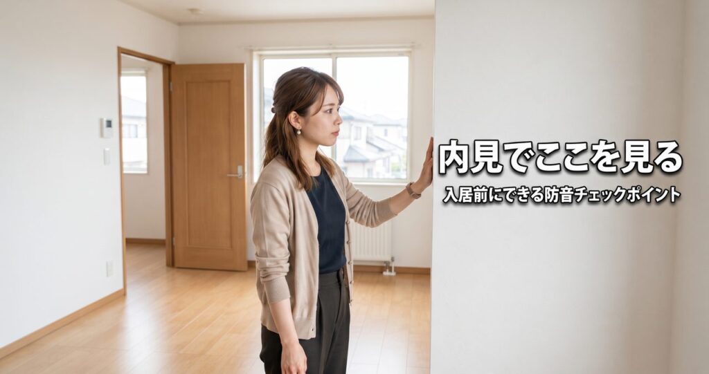 内見中の明るい賃貸マンションの室内で壁を確認する人物、記事タイトル「内見でここを見る。入居前にできる防音チェックポイント」