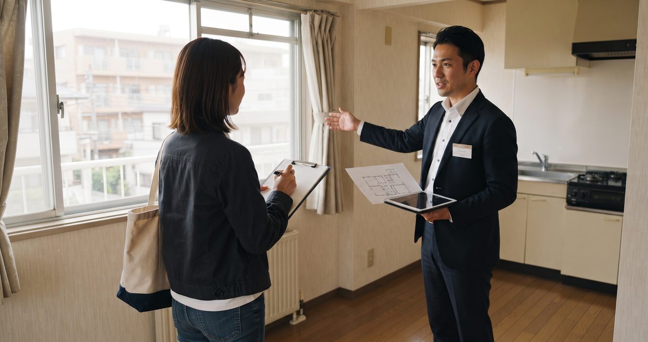 内見時に不動産会社の担当者から説明を聞きながらメモを取っている入居希望者の後ろ姿