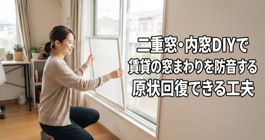 賃貸の窓に取り付け式の内窓パネルを設置している人物、記事タイトル「二重窓・内窓DIYで賃貸の窓まわりを防音する。原状回復できる工夫」