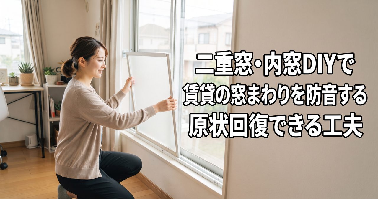賃貸の窓に取り付け式の内窓パネルを設置している人物、記事タイトル「二重窓・内窓DIYで賃貸の窓まわりを防音する。原状回復できる工夫」