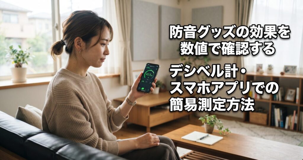リビングでスマートフォンの騒音測定アプリを確認する人物、記事タイトル「防音グッズの効果を数値で確認する。デシベル計・スマホアプリでの簡易測定方法」