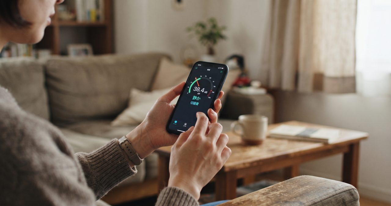 静かな室内でスマートフォンを片手に持ち、騒音測定アプリの画面を表示させている人の手元