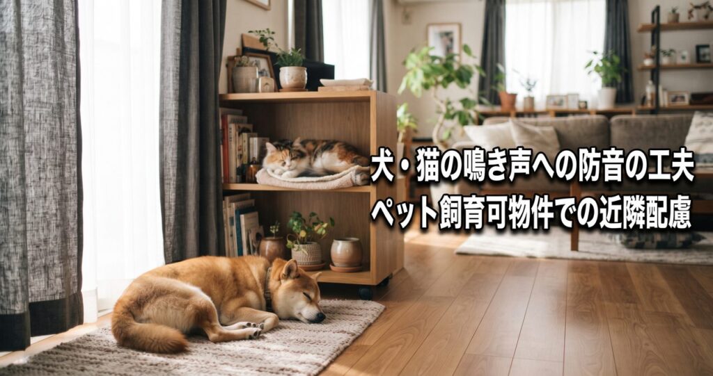 防音カーテンがかかったリビングで犬と猫がくつろぐ様子、記事タイトル「犬・猫の鳴き声への防音の工夫。ペット飼育可物件での近隣配慮」