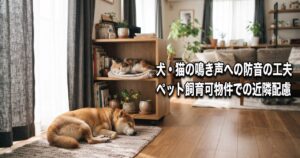 防音カーテンがかかったリビングで犬と猫がくつろぐ様子、記事タイトル「犬・猫の鳴き声への防音の工夫。ペット飼育可物件での近隣配慮」