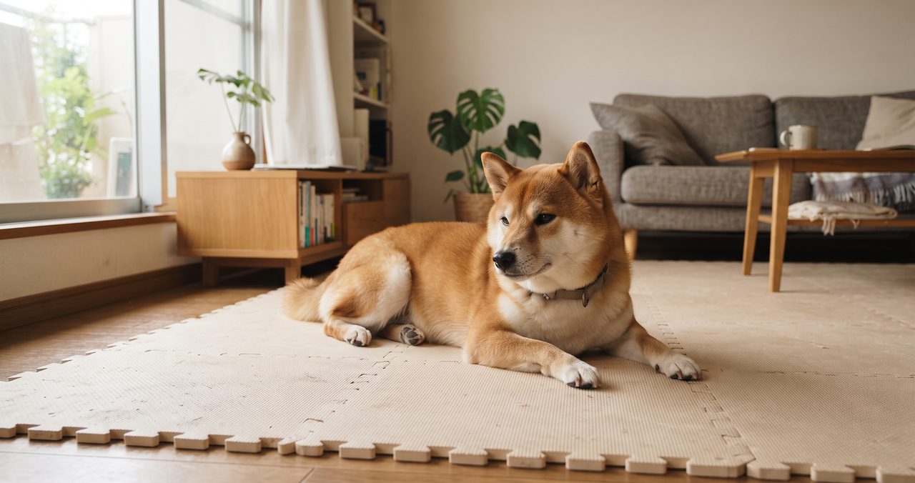 床にジョイントマットが敷かれた室内で、リラックスして伏せている中型犬の様子