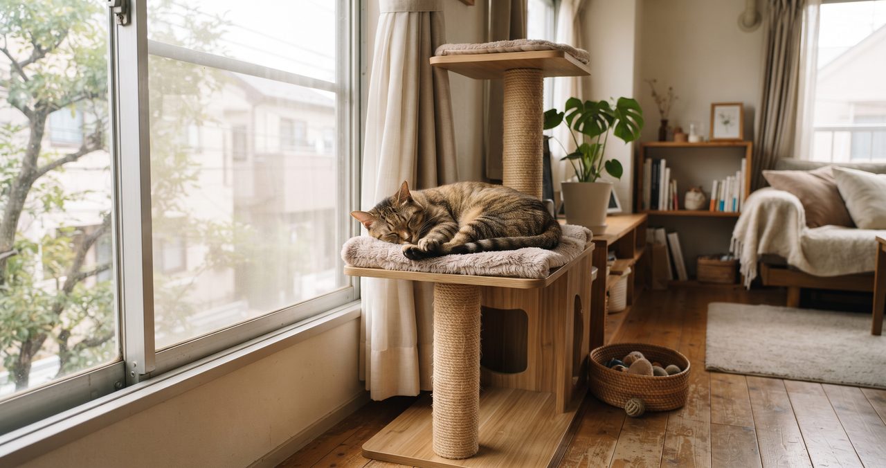 窓際のキャットタワーの上でくつろぐ猫、柔らかい光が差し込む室内の様子