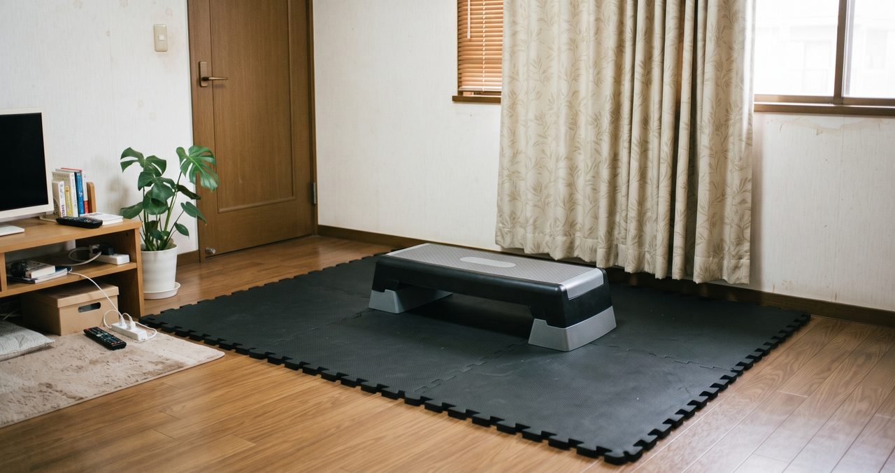 厚手の黒いジョイントマットが敷かれた部屋の一角に、踏み台昇降用のステップ台が置かれている様子