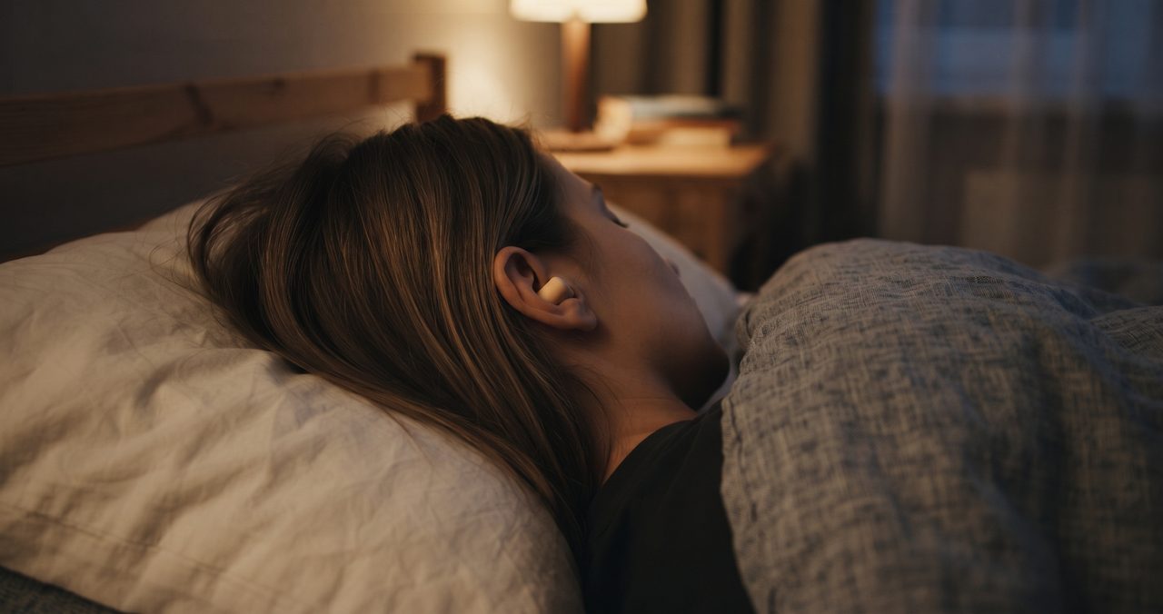 夜の寝室で横向きに寝ている人物の耳に、小さなフォーム耳栓が着けられている様子
