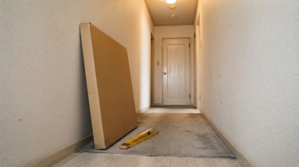 組み立て式の簡易防音ブースが入った大きな段ボール箱が、玄関の廊下に立てかけられている様子
