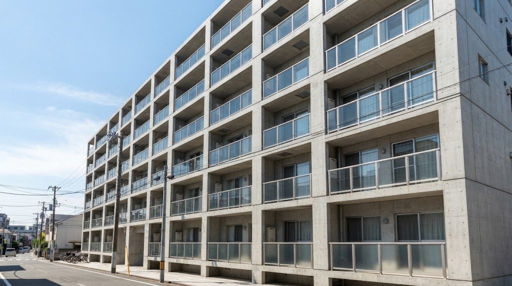 ベランダが縦横に並ぶ賃貸マンションの外観。隣り合う部屋と上下階の位置関係が分かる